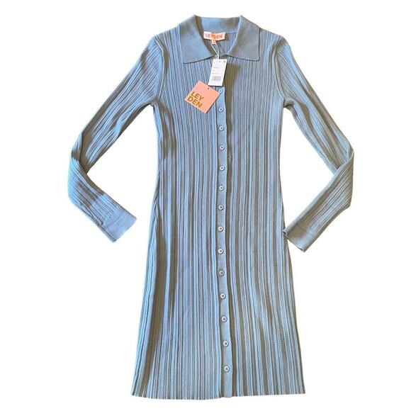 LEYDEN Blue Ribbed Knit Sweater Dress Size M Long Sleeve Collared Button Front - Picture 5 of 9